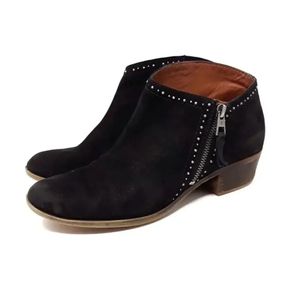 Lucky Brand Benna Black Suede Leather Zip Up Studded Ankle Boots Sz 6
